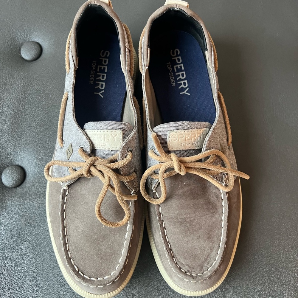 Sperry Tan and Gray Boat Shoes with Moccasin Construction